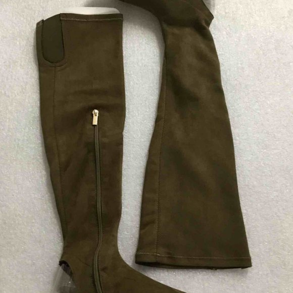 Women’s Bamboo Knee High Open Toe Flat Suede Boots- Olive Color - Picture 1 of 8